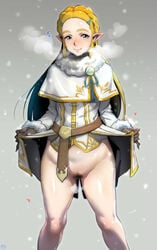 1girls absurdres belt blonde_hair blue_eyes blush bottomless breath_of_the_wild coat cold exhibitionism fur-trimmed_coat fur_trim gloves heart highres iku_(ikuchan_kaoru) legs long_hair nintendo nose_blush pointy_ears princess_zelda pubic_hair pussy pussy_juice self_exposure showing_pussy skirt skirt_lift smile snow snowing solo steaming_body steamy_breath steamy_pussy the_legend_of_zelda thighs winter winter_clothes winter_coat zelda_(breath_of_the_wild) 