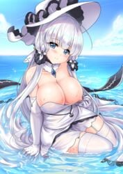  azur_lane bangs blue_eyes blunt_bangs blush breasts dress dress_pull elbow_gloves female garter_straps gloves illustrious_(azur_lane) large_breasts long_hair looking_at_viewer miyuki_rei mole mole_under_eye nipples ocean one_breast_out sitting smile solo sweat thighhighs twintails wet white_dress white_gloves white_hair white_legwear yokozuwari 