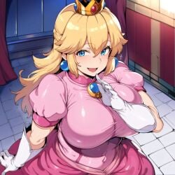  1girls ai_generated alternate_breast_size big_breasts breasts busty clothing curvaceous curvy curvy_body curvy_female curvy_figure female female_only huge_breasts indoors large_breasts mario_(series) nintendo nipples princess_peach smile solo standing sweat sweating sweaty sweaty_body sweaty_breasts thick_thighs thighs venus_body 