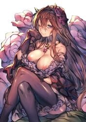  big_breasts black_gloves blue_eyes breasts_out brown_hair brunette gloves granblue_fantasy hairband long_hair looking_at_viewer necklace redcomet rose_(flower) rosetta_(granblue_fantasy) thighhighs very_long_hair 