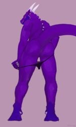  2018 5_fingers anthro anus ass blue_skin blush claws clothing curved_horn digital_media_(artwork) dradmon dragon ear_piercing hi_res horn looking_back male male_only nude panties piercing presenting presenting_anus purple_background purple_skin raised_tail rear_view red_eyes ridged_horn saber_(raevocrei) scalie sharp_teeth signature simple_background smile solo spikes standing teeth toe_claws underwear undressing white_horn wingless_dragon 
