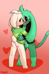  2018 absurd_res alex_(carpetwurm) anthro asriel_dreemurr ass balls blush bottomless caprine carpetwurm clothed clothing digital_media_(artwork) embarrassed erection feline freckles frottage fur goat green_fur heart hi_res hoodie horn hug humanoid_penis hybrid lagomorph long_ears looking_at_viewer looking_back male mammal open_mouth partially_clothed penis purple_eyes rabbit raised_tail red_eyes sex shirt simple_background standing uncut undertale video_games white_fur yaoi 