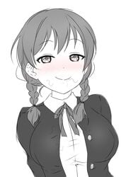  bedroom_eyes blush blushing braid breasts cum_in_mouth emma_verde female looking_at_viewer love_live! love_live!_school_idol_festival monochrome perfect_dream_project pubes twin_braids twintails 