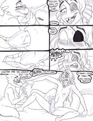  alphys anthro bed blush breasts collar comic dialogue dildo ear_fins english_text eye_patch eyewear fangs female fin fish glasses hi_res lizard marine monochrome monster non-mammal_breasts nude oral reptile scalie sex_toy sex_toy_fellatio speech_bubble strap-on strap-on_fellatio sweat teeth text tongue tongue_out undertaild undertale undyne video_games yuri 