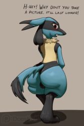  1boy 2019 anthro ass black_fur blacktail_(theandymac) blue_fur bottom_heavy dialogue digital_media_(artwork) dipstick_ears dipstick_tail ears_down embarrassed fur hi_res huge_ass looking_at_viewer lucario male male_only multicolored_ears multicolored_tail nintendo original_character pivoted_ears pok&eacute;mon_(species) pokemon pokemon_dppt rear_view red_eyes simple_background solo standing talking_to_viewer tan_fur testicles text theandymac thick_thighs video_games watermark wide_hips 