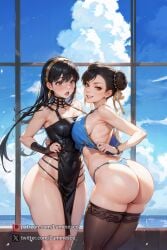  2girls ai_generated ass bangs bare_shoulders bikini black_dress black_hair blue_bikini blue_sky blush bracelet breast_press breasts brown_eyes brown_hair bun_cover china_dress chinese_clothes chun-li cleavage cloud collarbone covered_navel crossover day double_bun dress earrings female female_only front-tie_top gold_hairband hair_bun hair_ornament hairband human jewelry large_breasts long_hair looking_at_viewer multiple_girls ocean open_mouth panties pelvic_curtain red_eyes ribbon skindentation sky sleeveless smile spikes spy_x_family standing street_fighter street_fighter_6 swimsuit teeth thick_thighs thighhighs thighs thong underwear window yor_briar 