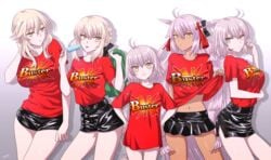 5girls artoria_pendragon artoria_pendragon_(alter) artoria_pendragon_(lancer_alter) blue_popsicle dark-skinned_female dark_skin eating fate/grand_order fate_(series) female_only holding_popsicle jeanne_alter jeanne_d&#039;arc_(alter_santa_lily) leather_shorts leather_skirt lineup looking_at_viewer miniskirt okita_souji_(alter)_(fate) popsicle shorts skirt t-shirt tongue_out type-moon white_hair yellow_eyes 