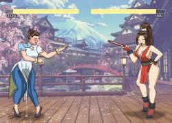  2girls blush chun-li fight getting_laughed_at have_to_pee king_of_fighters laughing_at mai_shiranui nervous omorashi papergami peeing peeing_self shaking street_fighter urinating_female urination urine urine_on_ground urine_on_legs urine_pool urine_stream wetting wetting_self 