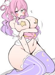  areola_slip blush condom_in_mouth condom_wrapper covering_crotch embarrassed heavy_blush himemori_luna holoforce hololive hololive_japan huge_breasts huge_thighs kneeling kuma_no_bansoukou legwear looking_away nervous_sweat partially_clothed_female pasties star_pasties thick_thighs virtual_youtuber wide_hips 