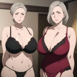  2girls ai_generated big_breasts bra breasts cleavage female_only garter_straps gilf grandmother grey_hair huge_breasts large_breasts lingerie looking_at_viewer mature_female midriff nightie old older_female sweat sweatdrop sweating thick_thighs thighs thong 