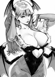  1girls bangs bare_shoulders bat_wings black_and_white busty capcom cleavage curvy darkstalkers fixing_hair heart_shape hips huge_breasts long_hair missfaves morrigan_aensland revealing_clothes small_waist succubus tight_clothing wings 