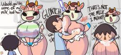  animal_crossing anthro big_breasts bodily_fluids bottomless bovid bovine breast_grab breast_milking breast_play breast_squish breastfeeding breasts bulge cattle clothed clothing comic duo erect_nipples erection erection_under_clothing female hand_on_breast hi_res human klutzatdusk lactating lactating_through_clothing large_female male male/female mammal milk nintendo nipple_outline nipples norma_(animal_crossing) size_difference slightly_chubby slightly_chubby_female squish surprise surprised_expression villager_(animal_crossing) wet wet_clothing wide_hips 