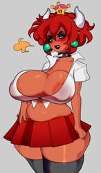  1girls 2018 5_fingers big_breasts bowsette breasts chubby chubby_female cleavage dark-skinned_female dark_skin female female_only genderswap hair huge_breasts humanoid legwear looking_at_viewer mario_(series) new_super_mario_bros._u_deluxe nintendo ponytail red_bowsette red_hair redhead school_uniform shybabs slightly_chubby solo thick thick_thighs thighhighs thumbs_up wide_hips 