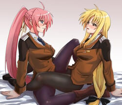  2girls bed black_legwear blonde_hair blue_eyes blush boots braid breasts fate_testarossa forestss hair_ornament hair_ribbon large_breasts looking_at_another lyrical_nanoha mahou_shoujo_lyrical_nanoha_strikers military military_uniform multiple_girls necktie open_mouth pantyhose ponytail purple_hair red_eyes ribbon signum simple_background smile tribadism uniform white_background yuri 