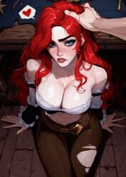  ai_generated cleavage female freckles from_above grabbing_another&#039;s_hair hair_grab large_breasts league_of_legends miss_fortune pumpkinseed 
