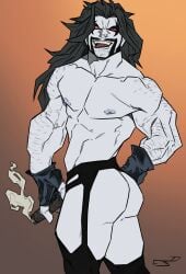  ass bara black_hair cigar dc dc_comics facial_hair grey_body grey_skin jeduwinart lobo_(dc) male male_only muscles muscular no_visible_genitalia red_eyes solo solo_male tongue_out 