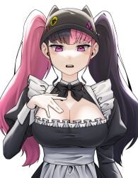  1girls 2024 alternate_costume black_hair breasts cleavage exposed_breasts female female_only hat headgear highres large_breasts light-skinned_female light_skin long_hair maid maid_outfit maid_uniform multicolored_hair open_mouth p02 palworld pink_eyes pink_hair pocketpair solo twintails two_tone_hair zoe_rayne 