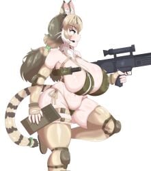  army_girl army_uniform boots curvaceous curvy curvy_female curvy_figure fingerless_gloves g11 gun holding_weapon huge_breasts jungle_cat_(kemono_friends) kemono_friends long_gloves machine_gun magazine_(gun) one_leg_up raised_eyebrows side_view thick_thighs thigh_strap venus_body voluptuous voluptuous_female wide_hips zipper 