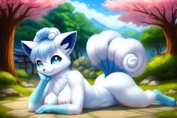  2024 ai_generated alolan_form alolan_vulpix anthro blue_eyes breasts completely_nude completely_nude_female cute deviantart female female_only forest forest_background fox_ears fully_nude fur furry furry_only game_freak generation_7_pokemon gobabsnow highres looking_at_viewer lying_on_floor medium_breasts nintendo nipples pink_nipples pokemon pokemon_(species) pose sakura_tree smile smiling smiling_at_viewer solo tail video_games vulpix white_fur 