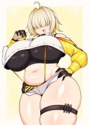  1girl :3 ahoge bare_shoulders big_breasts black_topwear blonde_hair blush booty_shorts breasts chubby chubby_belly chubby_female cute_fang elegg_(nikke) exposed_shoulders fang female gloves goddess_of_victory:_nikke hair_over_eyes holding_phone huge_breasts pale-skinned_female pale_skin phone short_shorts shorts skindentation suspenders tailzkim thick_thighs thigh_strap two_tone_hair white_jacket wide_hips yellow_gloves 