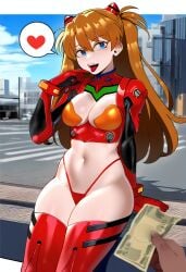  1boy 1girls ai_generated asuka_langley_sohryu blue_eyes brown_hair cleavage cleavage_cutout crop_top dark-skinned_male female money neon_genesis_evangelion prostitution public spoken_heart thetisai thighhighs thong tongue_out 