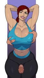  1boy 1girl1boy 1girls abs athletic_female big_breasts breast_grab clothed_female consensual edit faceless_male female_on_male female_on_top fondling_breast maximum_strike_edit muscular_female nonpenetrative_sex red_hair simple_background thigh_sex zpark 