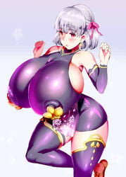  1girls bare_shoulders big_breasts blush bodysuit bursting_breasts busty cleavage curvy elbow_gloves erect_nipple erect_nipples erect_nipples_under_clothes eyelashes fate/grand_order fate_(series) female female_only front_view gigantic_breasts hourglass_figure huge_breasts human kama_(fate/grand_order) looking_at_viewer mozu-k nipple_bulge pose posing puffy_nipples red_eyes ribbon shiny shiny_skin short_hair simple_background solo standing thick_thighs thighhighs tight_clothing voluptuous white_hair wide_hips 