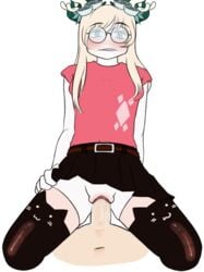  1boy 1boy1girl 1girls antlers belt black_legwear black_skirt black_thighhighs blonde_hair blue_eyes blush brown_belt cat_thighighs clothed clothed_female clothed_female_nude_male clothed_sex cowgirl_position eyebrows_visible_through_hair female female_focus flower flower_in_hair glasses hand_on_thigh legwear long_hair male mostly_clothed nimeton no_panties open_mouth pale-skinned_male pale_skin penis pussy pussy_juice pussy_juice_trail red_shirt red_sleeves roblox roblox_avatar self_upload sex short_sleeves skirt skirt_lift skirt_pull small_breasts smile stomach straight t-shirt thighhighs transparent_background vaginal_penetration vvolfiee white_skin 