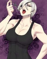  1girls abs big_breasts breasts chainsaw_man cleavage eyepatch limn044 looking_at_viewer muscular muscular_female ponytail quanxi_(chainsaw_man) saliva saliva_trail sideboob solo_focus tank_top tongue_out white_hair 
