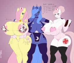  2019 absurd_res anthro areola big_breasts breasts clothing cowbell cutie_mark dialogue english_text equid eyelashes female fluttershy_(mlp) friendship_is_magic furry group hair hair_over_eye hat hi_res horn huge_breasts legwear long_hair looking_at_viewer mammal my_little_pony nurse_hat nurse_redheart plankboy princess_luna_(mlp) pussy pussy_floss smile text thigh_highs unicorn 