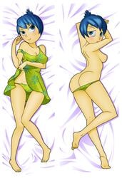  ass back bed_sheet blue_eyes blue_hair blush breasts chacrawarrior dakimakura disney dress feet female female_only green_dress green_panties green_underwear inside_out joy_(inside_out) laying_on_bed legs lifting_dress nipples pixar sensual smile smiling 
