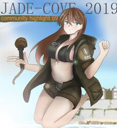  1girls alpmert apc bikini blue_eyes blush brown_hair eye_contact foxhole:_persistant_online_warfare jade_cove_missle_crisis looking_at_viewer midriff navel normal_breasts pinup source_request sticky_bomb text 