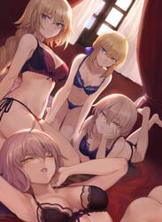  4girls ahoge all_fours arm_support artoria_pendragon artoria_pendragon_(alter) bangs bare_shoulders black_bra black_panties blonde_hair blue_eyes blue_ribbon blush bow bow_bra bra braid breasts cleavage collarbone crossed_ankles crown_braid dutch_angle elbow_rest expressionless eyebrows_visible_through_hair fate/grand_order fate_(series) flower green_eyes groin hair_between_eyes hair_bun hair_ribbon half-closed_eyes hand_on_own_cheek hand_on_own_knee head_tilt highres indoors jeanne_alter jeanne_d&#039;arc_(fate) jewelry large_breasts leaning_back leaning_forward lingerie long_hair looking_at_viewer lying mashu_003 medium_breasts multiple_girls navel necklace on_back on_bed one_eye_closed panties parted_lips red_bra red_flower removed ribbon ribbon-trimmed_bra rose saber side-tie_panties sidelocks signature single_braid sitting smile stomach table tareme thighs tongue tongue_out twitter_username underwear underwear_only very_long_hair wariza window yellow_eyes 