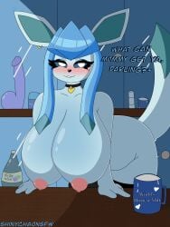  absurd_res alcohol anthro areola beverage big_breasts blue_body blue_fur blush breasts container cup dialogue dildo ear_piercing eeveelution female fur furniture generation_4_pokemon glaceon hi_res jewelry leaning leaning_forward leaning_on_table looking_at_viewer milk mommy_kink necklace nintendo nipples piercing pink_areola pokemon pokemon_(species) ring_(jewelry) sex_toy shinychaonsfw solo table tail talking_to_viewer thick_thighs 
