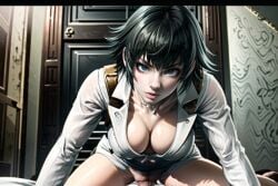 1boy 1girls ai_generated black_hair blue_eyes cleavage cleavage_cutout clothed clothed_sex clothing devil_may_cry devil_may_cry_4 eye_contact female female_focus lady_(devil_may_cry) looking_at_viewer male male_pov pov riding sex stable_diffusion vaginal_penetration vaginal_penetration white_clothing 