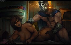  1boy 1girls abs ambiguous_penetration ass biceps breasts cape centurion_(for_honor) chest_hair cleavage colored dark-skinned_female dark_skin deep_penetration duo female for_honor from_behind gladiator_(for_honor) gloves helmet hetero large_breasts male muscles muscular muscular_female muscular_male nyuunzi prone prone_bone ragingrabbit2 scar sex sex_from_behind straight sweat 