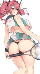  ass ass_cleavage ass_support azur_lane black_panties black_underwear blush breasts bremerton_(azur_lane) bremerton_(scorching-hot_training)_(azur_lane) butt_crack covered_clitoris crop_top crop_top_overhang eyebrows_visible_through_hair feet_out_of_frame female from_behind hair_ornament heart heart_necklace high_resolution holding_racket multicolored_hair ndgd ndgd_(bean1215) pantsu pink_eyes pink_hair posterior_cleavage racket short_hair skirt skirt_lift smile solo sportswear streaked_hair sweat tennis_outfit tennis_racket thong tongue tongue_out two-tone_shirt two-tone_skirt underboob underwear white_background x_hair_ornament 