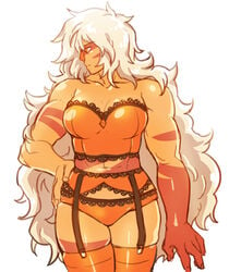  1girls abs belly big_breasts blonde_hair breasts cleavage clothed corset female female_only female_solo gem_(species) half-closed_eyes huge_breasts jasper_(steven_universe) large_breasts lingerie long_hair looking_away midriff muscle muscular_arms muscular_female navel neru_su orange_eyes orange_skin panties pose sketch solo steven_universe straps thick_thighs thighhighs underwear white_background white_hair wide_hips 