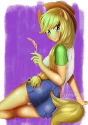  1girls 2010s 2019 anthro anthrofied applejack_(mlp) ass belt blonde_hair blue_bottomwear breasts clothed clothes clothing cowboy_hat cowgirl denim_skirt female female_only freckles friendship_is_magic from_behind furry green_eyes hat heroine long_hair looking_at_viewer looking_back my_little_pony pony rear_view sakamotokuuuun simple_background sitting skirt solo solo_female straight_hair tomboy western_art western_cartoon wheat 
