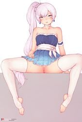  bluefield blush blushing choker dress earrings eye_contact feet female female_only long_hair looking_at_viewer nopan pussy rwby sitting skirt_lift slim solo spread_legs thick_thighs thighhighs thighs uncensored weiss_schnee white_hair 