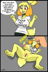  2koma animal_crossing anthro bell big_breasts breasts canid canine canis choker choker_snapping clothed clothing deep_throat deepthroat_invitation domestic_dog english_text feet fellatio female fuck-me_shirt fur hi_res human imminent_deepthroat instant_loss_2koma isabelle_(animal_crossing) lemondude male male_human/female_anthro mammal meme nintendo oral oral_sex penis pussy snap_my_choker straight text throat_bulge throat_swabbing upside-down video_games yellow_body yellow_fur 