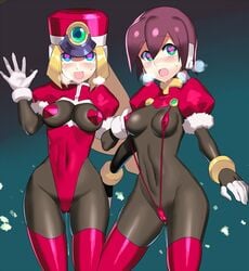  2girls aile alternate_color artificial_skin blonde_hair blue_eyes blush breasts breath brown_eyes cameltoe gloves green_eyes hat heart heart-shaped_pupils heart_pasties heavy_breathing legwear leotard long_hair looking_at_viewer medium_breasts mega_man mega_man_zx multicolored multicolored_clothes multicolored_gloves multiple_girls navel open_mouth pasties prairie puffy_short_sleeves puffy_sleeves pussy_juice pussy_juice_drip robot_ears rockman rockman_zx shako_cap short_hair short_sleeves sling_bikini small_breasts smile steam sweat swimsuit symbol-shaped_pupils thighhighs ukimukai white_gloves wide_hips 