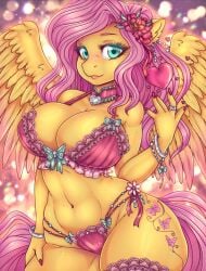  1girls bedroom_eyes big_breasts bra breasts cheezayballz clothing cowboy_shot cutie_mark equid equine fluttershy_(mlp) friendship_is_magic fur furry furry_only green_eyes hasbro holidays jewelry long_hair mammal my_little_pony navel panties pegasus pink_hair pink_nails ring seductive smile tail underwear valentine&#039;s_day wings yellow_body yellow_fur 