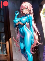  ai_generated bodysuit breasts female kuriboh_ex_(artist) latex latex_suit oppai pinik_hair rubber rubber_suit turquoise_eyes 