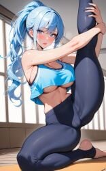  1girls ai_generated big_breasts blue_eyes fit fit_female flexible flexing gym leg_up lewdwaifulaifu long_hair looking_at_viewer slim_waist stretching tank_top tight_clothing underboob workout_clothes 