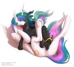  2019 69_position absurd_res alicorn anus arthropod changeling cutie_mark drone_(mlp) duo equid f0rever13 feathered_wings feathers female feral friendship_is_magic green_eyes hi_res hole_(anatomy) hooves horn legs_up mammal my_little_pony oral princess_celestia_(mlp) pussy sex simple_background spread_legs spreading text tongue tongue_out underhoof url white_background white_body white_feathers wings 
