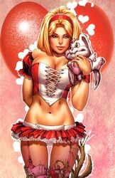  1girls alice_(wonderland) alice_in_wonderland alice_in_wonderland_(zenescope) alice_liddell big_breasts blonde_hair breasts brown_eyes busty cleavage comic_cover corset eric_basaldua female female_only front_view grimm_fairy_tales_zenescope hairband large_breasts lipstick long_hair official_art panties pinup rabbit smile smiling solo standing thighhighs tutu valentine&#039;s_day watermark white_panties zenescope 