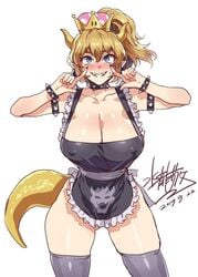  1girls apron apron_only bowser_logo bowsette color female female_only happy hourglass_figure large_breasts maid mario_(series) mizuryuu_kei new_super_mario_bros._u_deluxe nintendo nipples_visible_through_clothing rule_63 smile smiling smiling_at_viewer solo super_crown tail thighhighs wide_hips 