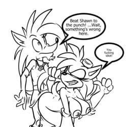  al_(alhedgehog) alhedgehog anthro becky_the_hedgehog bent_over big_breasts breasts crossdressing dialogue dress eyelashes female female_penetrated from_behind furry greyscale hair_pull hedgehog male mammal nipples nude purity purity_the_hedgehog sex silly skirt smile white_background wink 