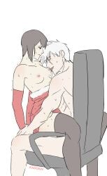  1boy 1girls ambiguous_penetration black_hair blush breasts_out chair christmas christmas_clothing christmas_outfit clothed_female_nude_male clothed_sex dress dress_down embarrassed female gloves hatake_kakashi kadonn licking licking_nipples male naruto naruto_(series) nipples office_chair santa_costume sex shizune silver_hair sitting sitting_on_lap sitting_on_person stockings straddling sweat unmasked 